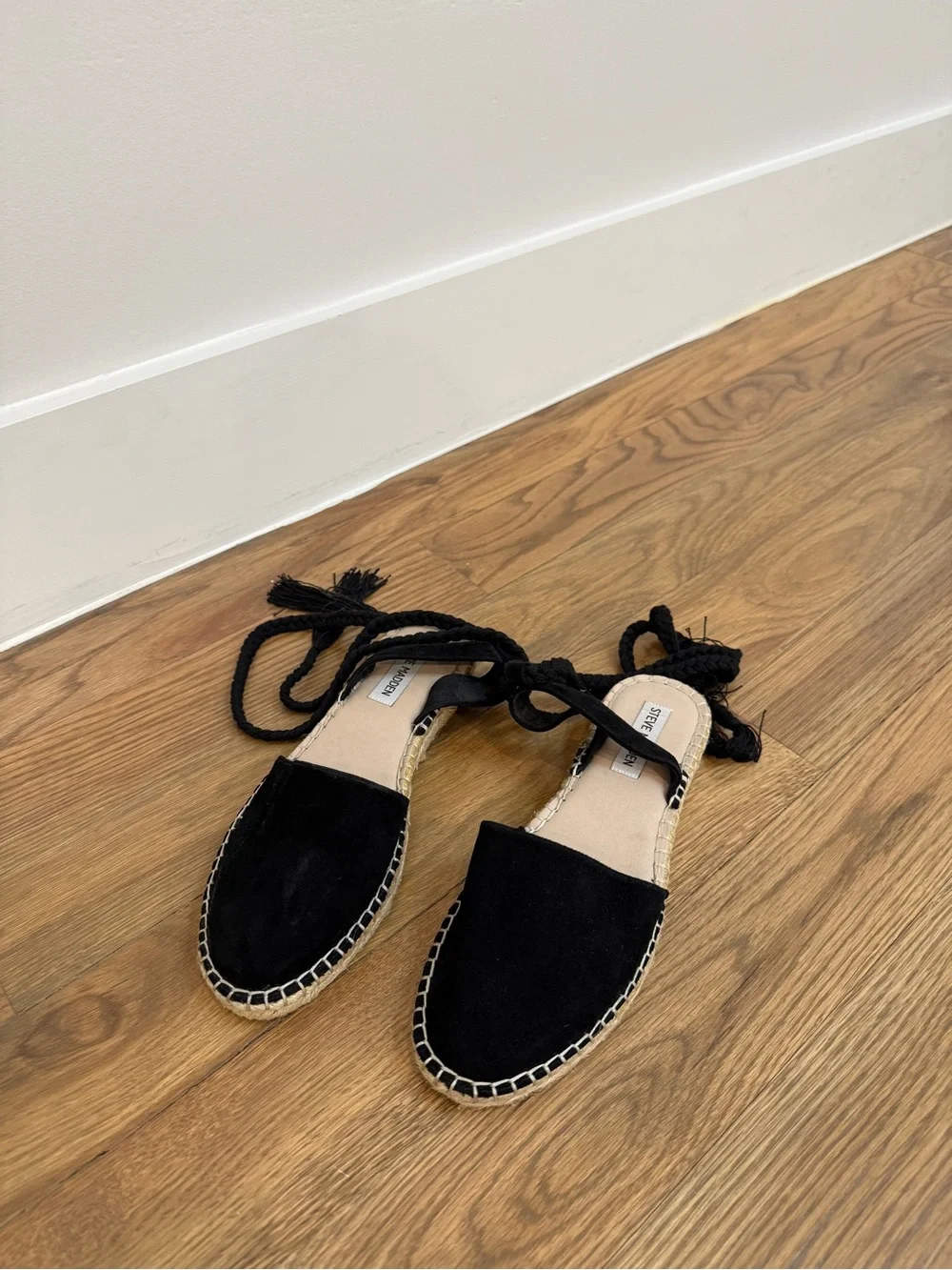 Steve Madden Black Suede Mesa Espadrille Ankle-Tie Flats